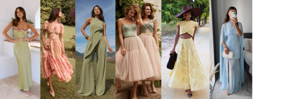 Esempi di look per cerimonie in colori di tendenza come verde salvia, giallo burro e azzurro polvere.