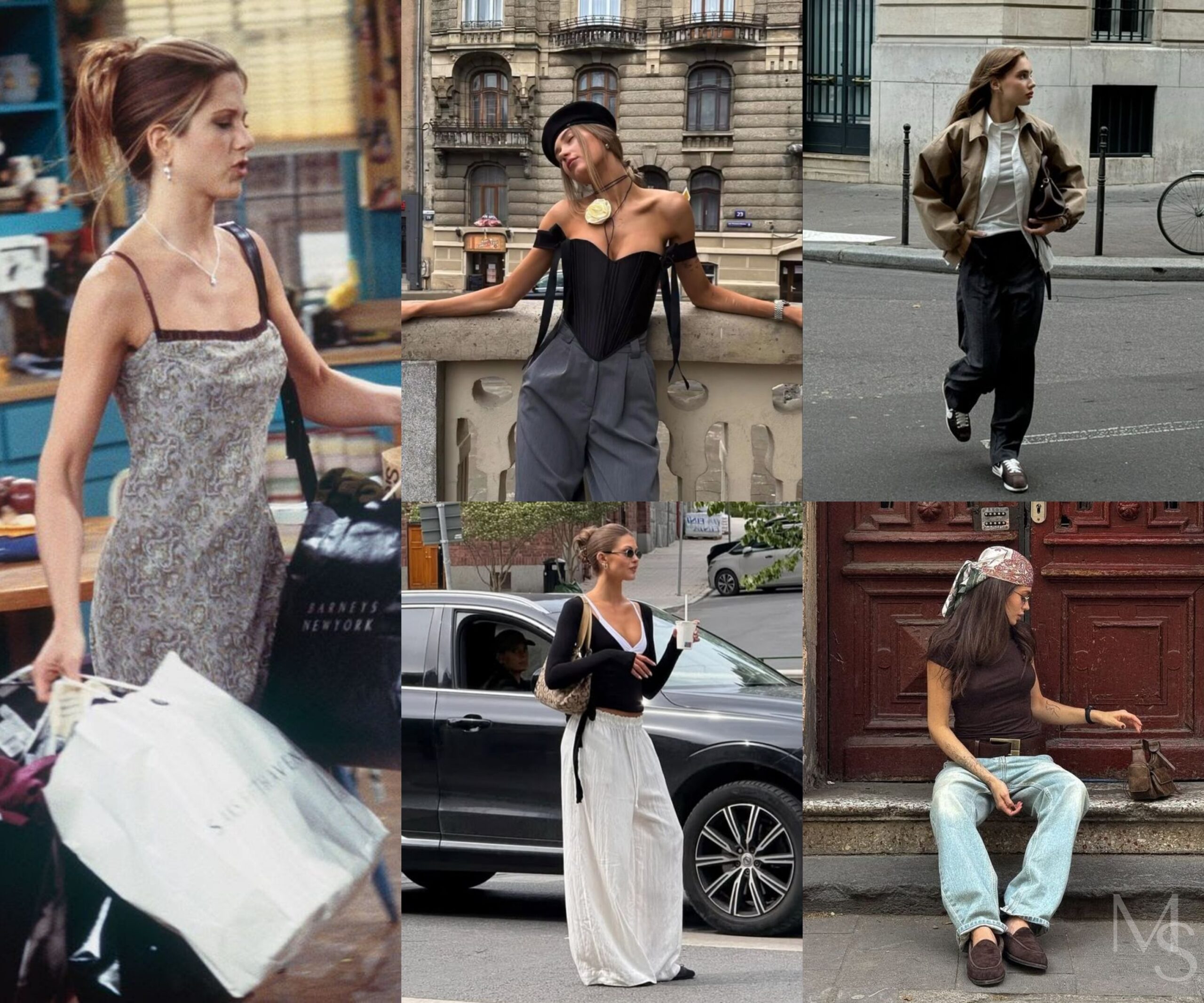 Collage di sei look e situazioni di shopping che spaziano da abiti stile anni Novanta a scatti street style contemporanei con pantaloni palazzo, top minimali e sacchetti di boutique.